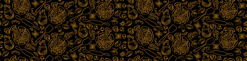 Pizza seamless border. Doodle food isolated on black background. Vector illustration.
