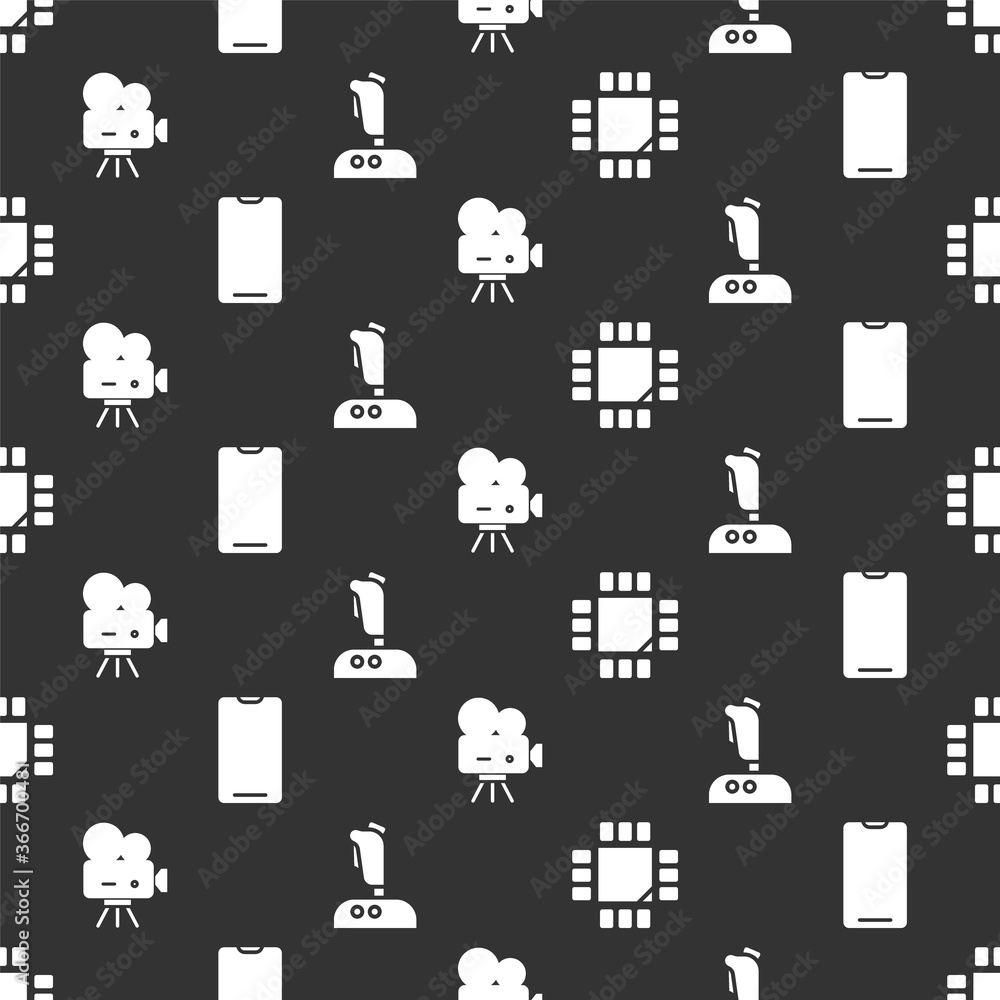 Poster set processor with microcircuits cpu, smartphone, mobile phone, retro cinema camera and joystick for