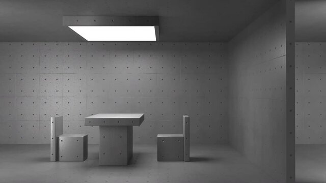 3d render concrete structure interior. Police interrogation room and morgue room with cutting table