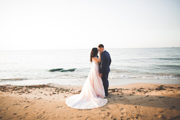 Fototapeta na wymiar Wedding couple, groom, bride with bouquet posing near sea and blue sky