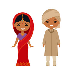 Cute chibi characters in national indian costume. Flat cartoon style
