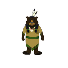 Cartoon Grizzly bear wearing in traditional native American womens dress with a band and feathers on white isolated background, vector illustration for American culture and Traditional Fashion topics.