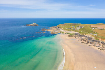 Aerial photograph of Godrevy Beach, Cornwall, England