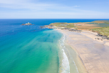 Aerial photograph of Godrevy Beach, Cornwall, England