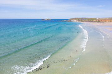 Aerial photograph of Godrevy Beach, Cornwall, England