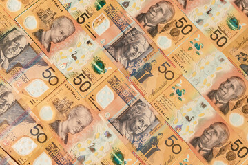 A flat lay background of Australian dollar money