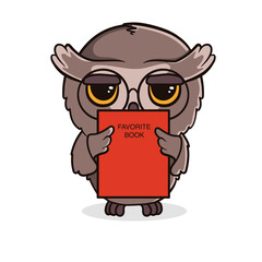 Cute cartoon owl with a favorite book isolated on white background. Vector illustration