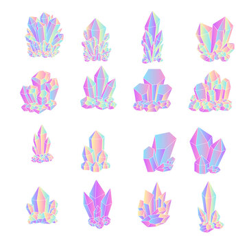 Collection of bright crystals isolated on white background. Vector illustration