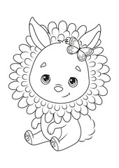 Cute Easter Bunny in flower coloring page. Black and white cartoon illustration