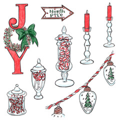 Set of elements on Christmas and holiday theme drawn with color pencils by hand in vintage colors and design with mittens, cups, stars, wreath, candies, fairy lights. Great for stickers and postcards