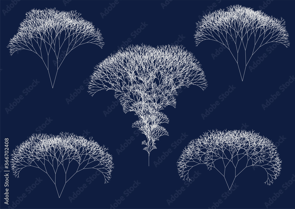Wall mural set of computer generated irregular white fractal trees on dark blue background illustrating big dat