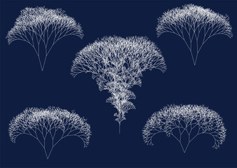 set of computer generated irregular white fractal trees on dark blue background illustrating big data flow - obrazy, fototapety, plakaty