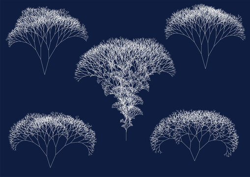 Fototapeta set of computer generated irregular white fractal trees on dark blue background illustrating big data flow