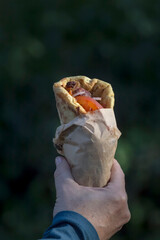 The traditional Greek snacks grilled (soufflaki) close-up