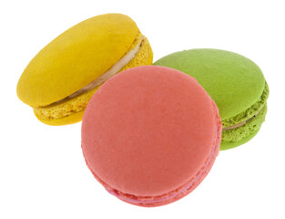 Green, red, yellow macaroon cakes isolated on white background