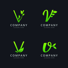 Initial V logo with leaf elements in green color
