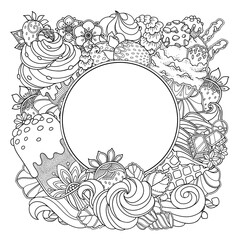 Obraz premium Magic ice cream dessert round frame in doodle style