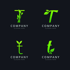 Initial T logo with leaf elements in green color
