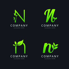 Initial N logo with leaf elements in green color