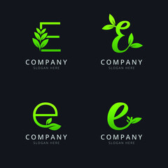 Initial E logo with leaf elements in green color
