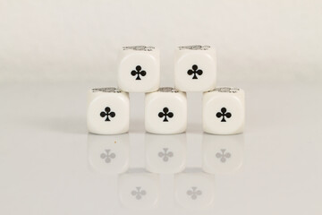 Five aces Playing Casino poker dice closeup Isolated on white background with reflection. Abstract...