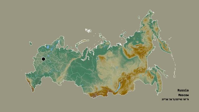 Ingush, republic of Russia, with its capital, localized, outlined and zoomed with informative overlays on a relief map in the Stereographic projection. Animation 3D
