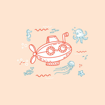 illustration with little submarine and sea creatures and animals