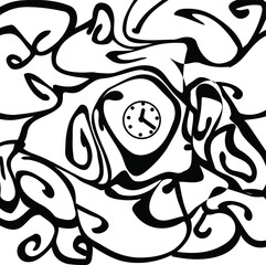 Abstract image with curved squiggles and clocks.