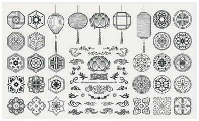Set of hand drawn oriental elements. Asian lanterns and traditional patterns. © artiflow