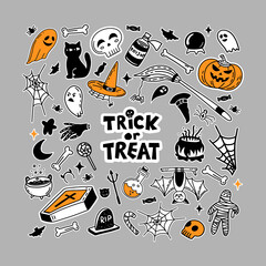 Vector set of characters and icons for Halloween in hand drawn doodle style