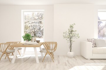 White dinner room with winter landscape in window. Scandinavian interior design. 3D illustration