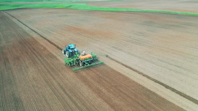Top view of a seeding machine sowing the field