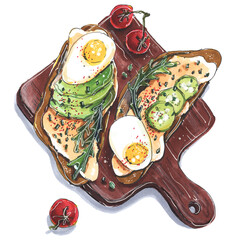 health food breakfast sandwiches with avocado and egg illustration with markers and pencils