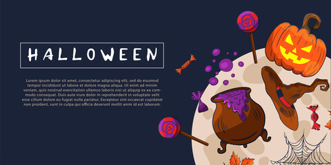 Halloween poster, flyer or menu design. Vector illustration. Scary party invitation with witch hat, moon, pumpkins and pattern. Halloween party night
