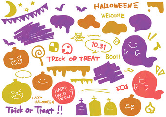 ハロウィンの手描きイラストと吹き出しセット