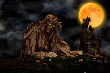  Fairy-tale creatures in the night forest with a luminous full moon.