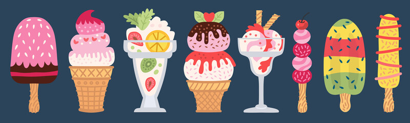 Set of different types of ice cream