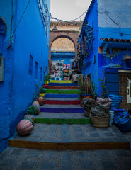 Fototapeta na wymiar Blue, a means to symbolize the sky and heaven, decorated all over the city of Chefchaouen, Morocco