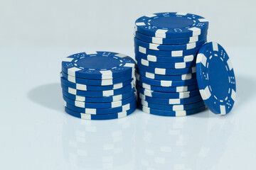 Blue Playing Casino Poker Chips. Isolated on white background. Abstract Pattern