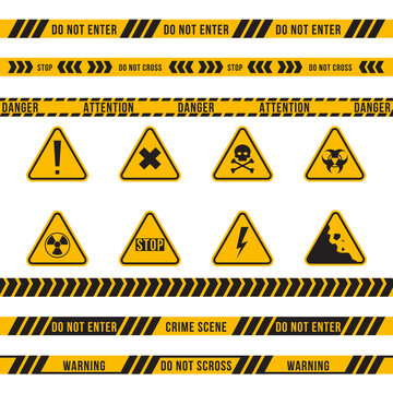 Different danger ribbon and sign flat icon set. Yellow attention, poison, high voltage, radiation, biohazard and falling warnings vector illustration collection. Accident and construction concept