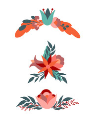 Set of abstract vector floral arrangements for greeting card or invitation. Vector flowers in modern Scandinavian style