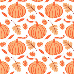 Seamless vector fall pattern with pumpkin leaves and pine cone. Autumn repeat pattern on white background