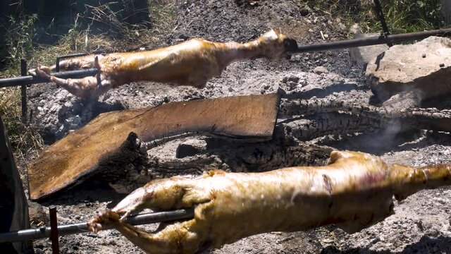 Roasting Lamb in Albanian Mountains (Eastern Europe)