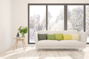 White room with colorful sofa and winter landscape in window. Scandinavian interior design. 3D illustration