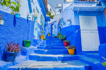 Blue, a means to symbolize the sky and heaven, decorated all over the city of Chefchaouen, Morocco