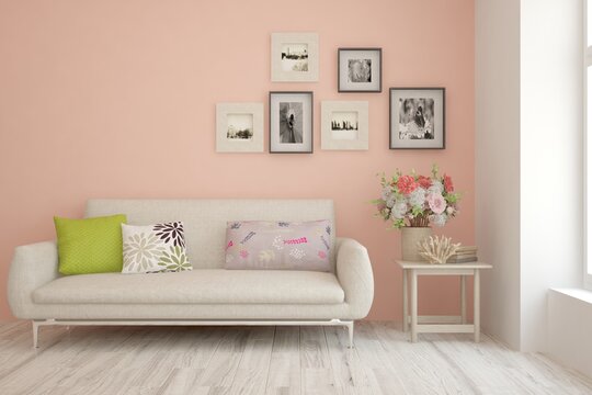 Coral modern room with sofa. Scandinavian interior design. 3D illustration