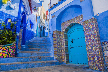 Blue, a means to symbolize the sky and heaven, decorated all over the city of Chefchaouen, Morocco