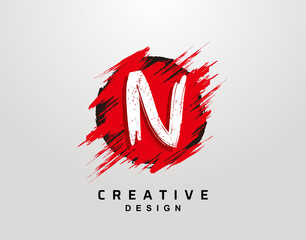 N Letter Logo In Circle Grunge Splatter Element. Red Grunge Ink Splash Explosion Icon design.