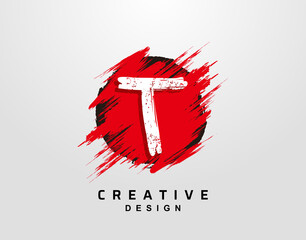 T Letter Logo In Circle Grunge Splatter Element. Red Grunge Ink Splash Explosion Icon design.