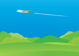 飛行機の飛ぶ夏の空背景イラスト